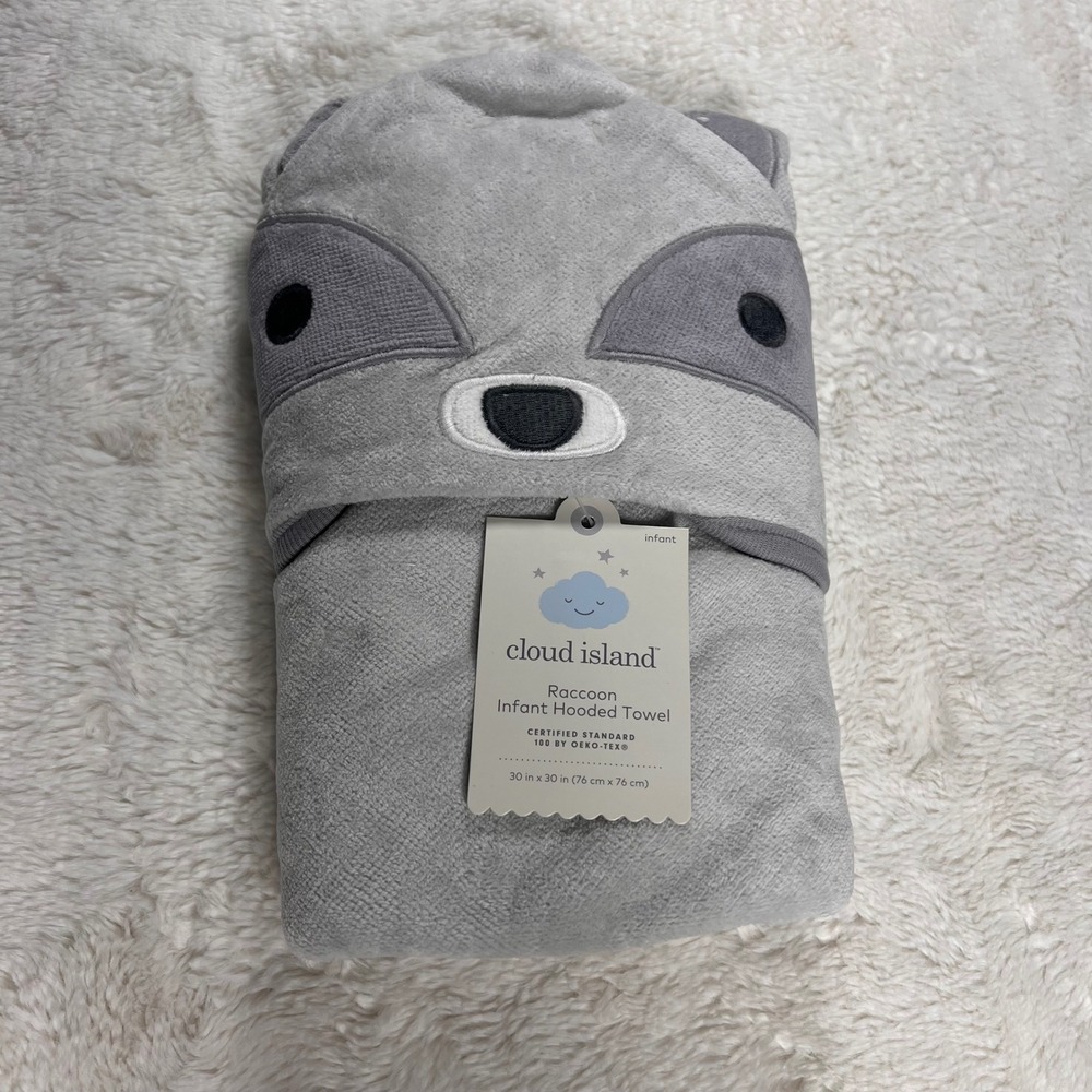 Cloud Island Raccoon Infant Hooded Towel Gray Soft Plush Baby Bath Time NWT - Picture 3 of 7